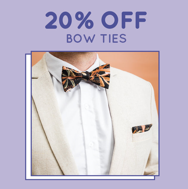 20% off Bow Ties for a limited time only. Get your wedding bow tie or a bow tie for that special occasion at 20% off!