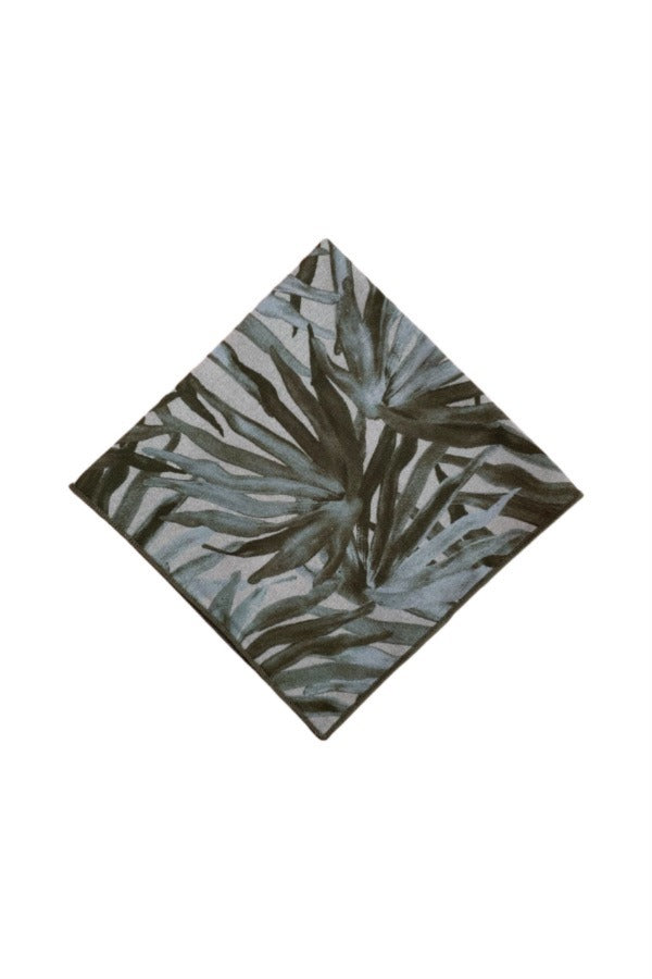 Luxurious sage green pocket square, showcasing the unique fan palm design inspired by Queensland's native flora, crafted from 100% cotton