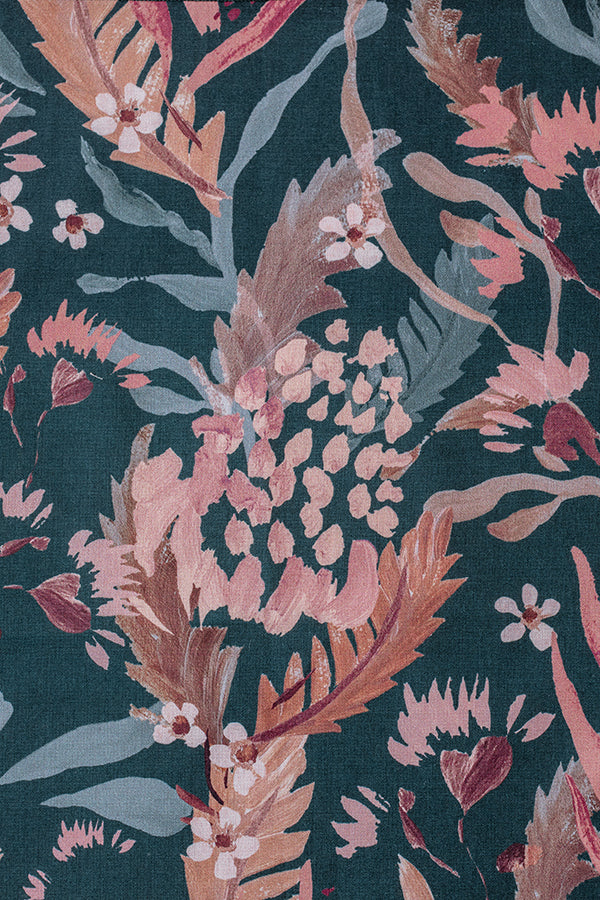 Vibrant botanical print featuring detailed leaves and foliage in shades of green, yellow, and orange, highlighting the beauty and diversity of various plant species